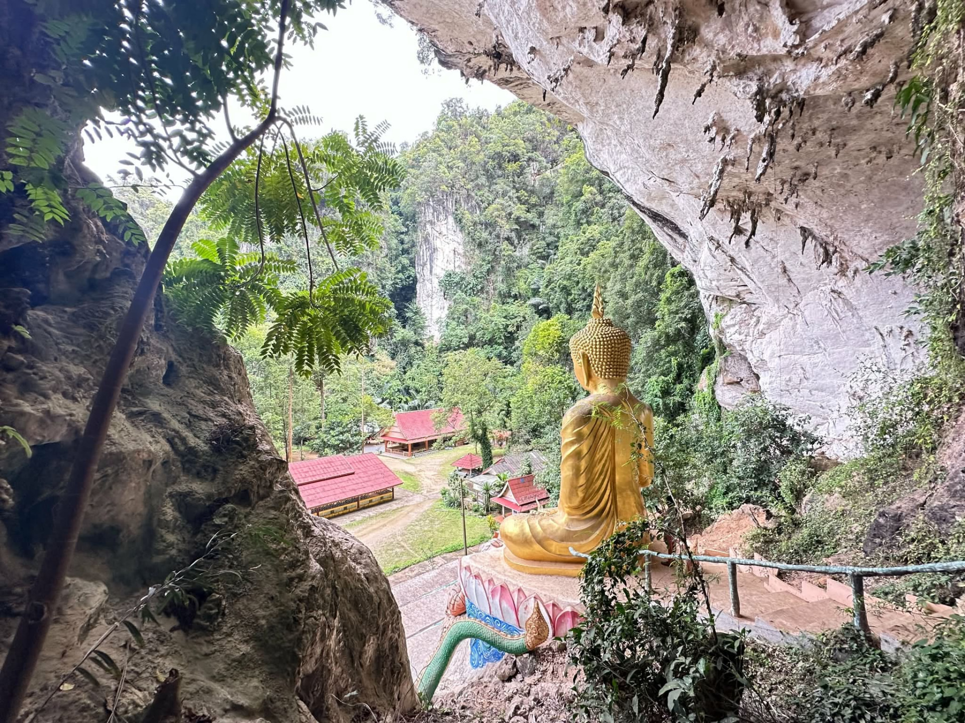 Golden Buddha statue inside a limestone cave temple overlooking the jungle in Krabi, Thailand